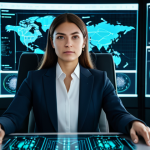 A confident, professional woman in a modest business suit, fully clothed, sitting at a sleek, futuristic desk in a secure, high-tech digital intelligence center. Holographic displays show intricate network data, blockchain nodes, and abstract AI patterns, subtly suggesting a protective shield. Focused expression, professional dress, natural pose, perfect anatomy, correct proportions, well-formed hands, proper finger count, natural body proportions, professional photography, high resolution, soft cinematic lighting, safe for work, appropriate content, modest.