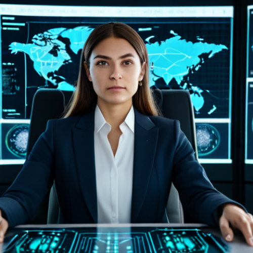 Home 16 A confident, professional woman in a modest business suit, fully clothed, sitting at a sleek, futuristic desk in a secure, high-tech digital intelligence center. Holographic displays show intricate network data, blockchain nodes, and abstract AI patterns, subtly suggesting a protective shield. Focused expression, professional dress, natural pose, perfect anatomy, correct proportions, well-formed hands, proper finger count, natural body proportions, professional photography, high resolution, soft cinematic lighting, safe for work, appropriate content, modest.