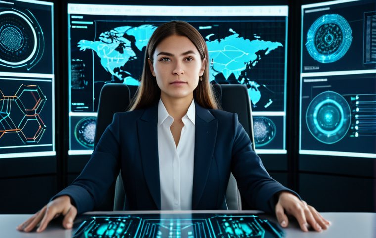 A confident, professional woman in a modest business suit, fully clothed, sitting at a sleek, futuristic desk in a secure, high-tech digital intelligence center. Holographic displays show intricate network data, blockchain nodes, and abstract AI patterns, subtly suggesting a protective shield. Focused expression, professional dress, natural pose, perfect anatomy, correct proportions, well-formed hands, proper finger count, natural body proportions, professional photography, high resolution, soft cinematic lighting, safe for work, appropriate content, modest.