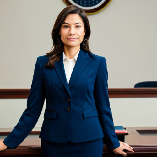 Home 15 **
"A fully clothed, professional female lawyer in a modest, dark blue business suit stands confidently in a modern courtroom. Behind her, soft lighting illuminates the American flag. Appropriate attire, safe for work, perfect anatomy, correct proportions, well-formed hands, proper finger count, natural pose, professional photograph, high quality, family-friendly, appropriate content."
**