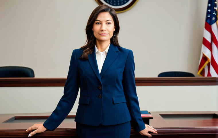 **
"A fully clothed, professional female lawyer in a modest, dark blue business suit stands confidently in a modern courtroom. Behind her, soft lighting illuminates the American flag. Appropriate attire, safe for work, perfect anatomy, correct proportions, well-formed hands, proper finger count, natural pose, professional photograph, high quality, family-friendly, appropriate content."
**