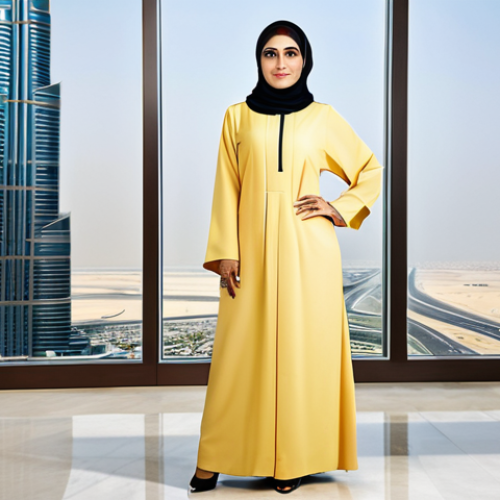Home 14 **
A professional Arab businesswoman in a modest, tailored abaya (fully clothed), standing in a modern Dubai office with Burj Khalifa in the background, appropriate attire, safe for work, perfect anatomy, natural proportions, professional corporate photography, high quality, family-friendly.
**