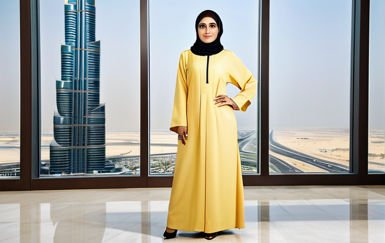 **
A professional Arab businesswoman in a modest, tailored abaya (fully clothed), standing in a modern Dubai office with Burj Khalifa in the background, appropriate attire, safe for work, perfect anatomy, natural proportions, professional corporate photography, high quality, family-friendly.
**