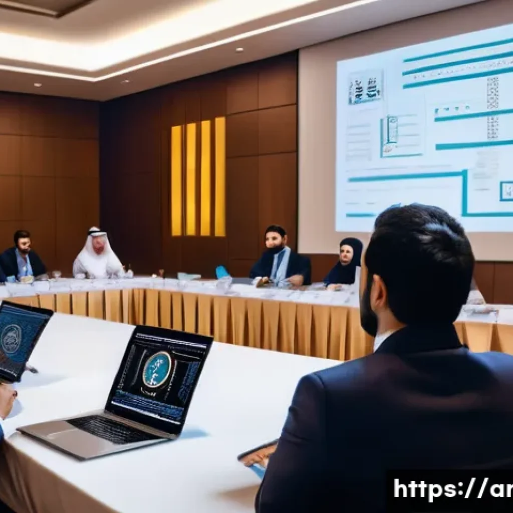 지적재산권 실무 워크숍 사례 분석 - A professional workshop scene set in a modern conference room in an Arabic-speaking country, featuri...