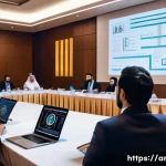 지적재산권 실무 워크숍 사례 분석 - A professional workshop scene set in a modern conference room in an Arabic-speaking country, featuri...