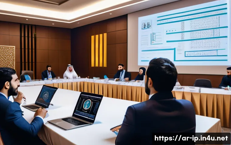지적재산권 실무 워크숍 사례 분석 - A professional workshop scene set in a modern conference room in an Arabic-speaking country, featuri...