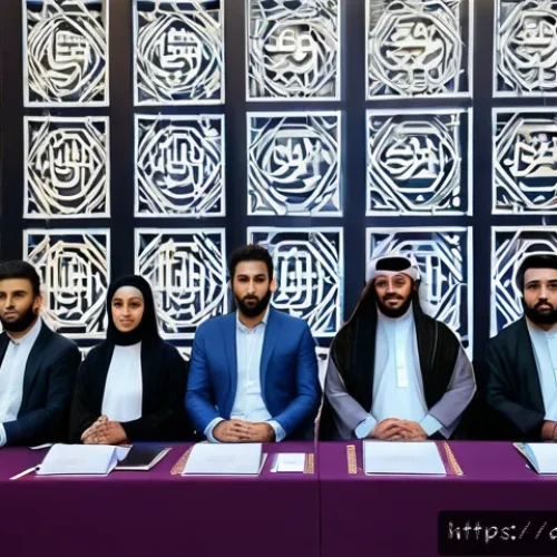 지적재산권 국제 회의 참석 후기 - A modern international conference scene set in a grand hall decorated with Arabic calligraphy and ge...
