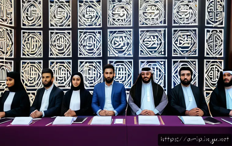 지적재산권 국제 회의 참석 후기 - A modern international conference scene set in a grand hall decorated with Arabic calligraphy and ge...