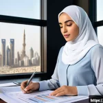 지적재산권 실무에서 빈번한 실수와 해결법 - A professional Middle Eastern businesswoman in a modern office setting, thoughtfully reviewing organ...