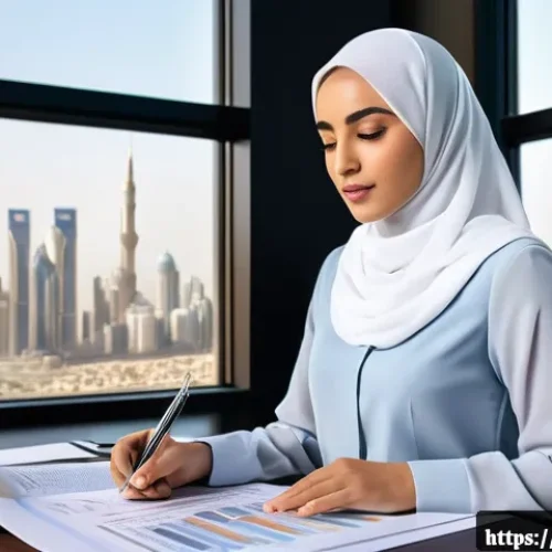 지적재산권 실무에서 빈번한 실수와 해결법 - A professional Middle Eastern businesswoman in a modern office setting, thoughtfully reviewing organ...