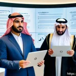 지적재산권 전문가로서의 성장 스토리 - A modern Middle Eastern office setting with a diverse group of Arabic-speaking professionals collabo...