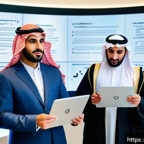 지적재산권 전문가로서의 성장 스토리 - A modern Middle Eastern office setting with a diverse group of Arabic-speaking professionals collabo...