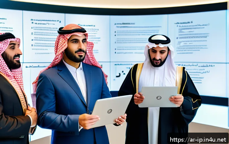 지적재산권 전문가로서의 성장 스토리 - A modern Middle Eastern office setting with a diverse group of Arabic-speaking professionals collabo...