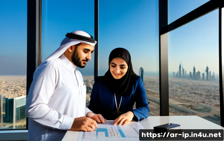 지적재산권과 기업 혁신 사례 - Photorealistic modern innovation office in an Arab Gulf city, a diverse Arab engineering team in mod...