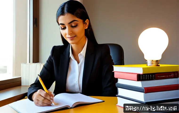 지적재산권 전문가를 위한 자기계발 서적 추천 - Photorealistic Arab intellectual property professional in modest business attire studying a stack of...